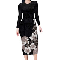 Hawaiian Plumeria and Turtle Long Sleeve Bodycon Dress with Polynesian Tribal Art Pattern Grayscale Color LT03 Long Dress Black - Polynesian Pride