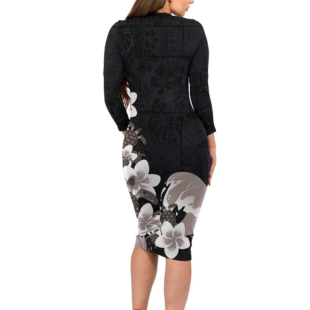 Hawaiian Plumeria and Turtle Long Sleeve Bodycon Dress with Polynesian Tribal Art Pattern Grayscale Color LT03 - Polynesian Pride