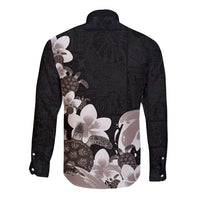 Hawaiian Plumeria and Turtle Long Sleeve Button Shirt with Polynesian Tribal Art Pattern Grayscale Color LT03 - Polynesian Pride