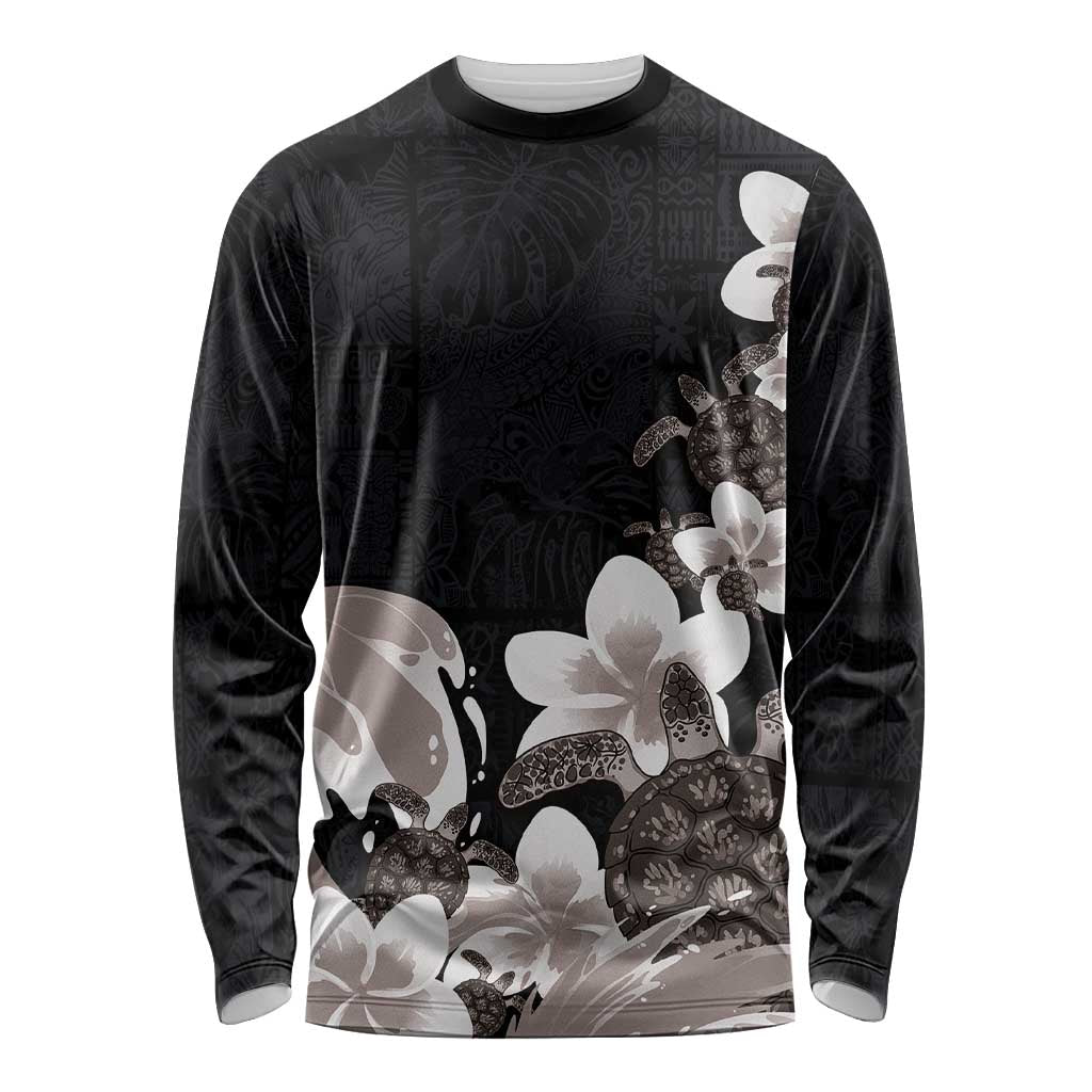 Hawaiian Plumeria and Turtle Long Sleeve Shirt with Polynesian Tribal Art Pattern Grayscale Color LT03 Unisex Black - Polynesian Pride