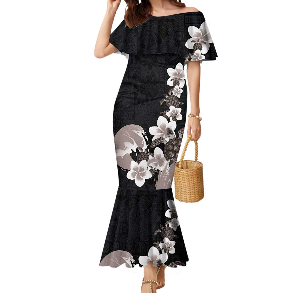 Hawaiian Plumeria and Turtle Mermaid Dress with Polynesian Tribal Art Pattern Grayscale Color LT03 Women Black - Polynesian Pride