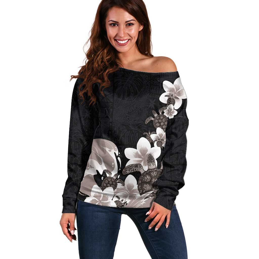 Hawaiian Plumeria and Turtle Off Shoulder Sweater with Polynesian Tribal Art Pattern Grayscale Color LT03 Women Black - Polynesian Pride