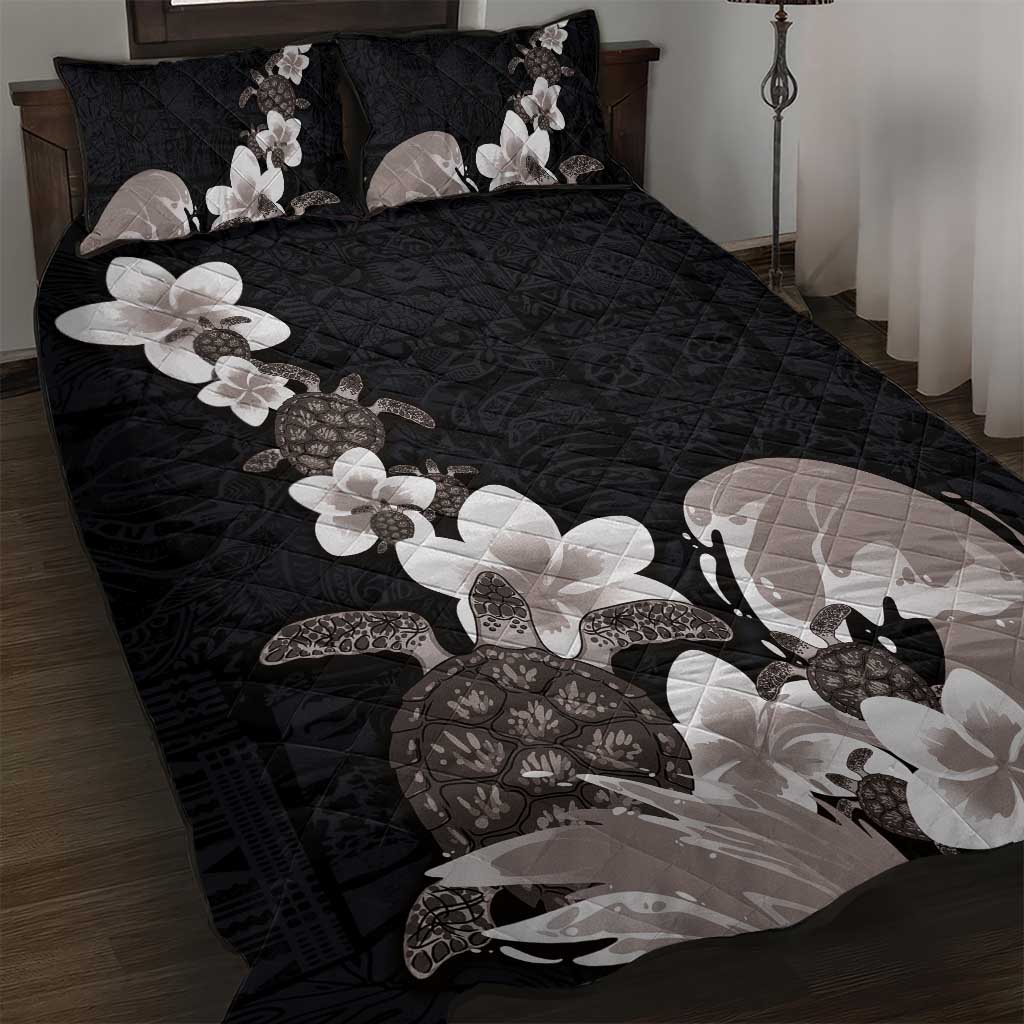 Hawaiian Plumeria and Turtle Quilt Bed Set with Polynesian Tribal Art Pattern Grayscale Color LT03 Black - Polynesian Pride