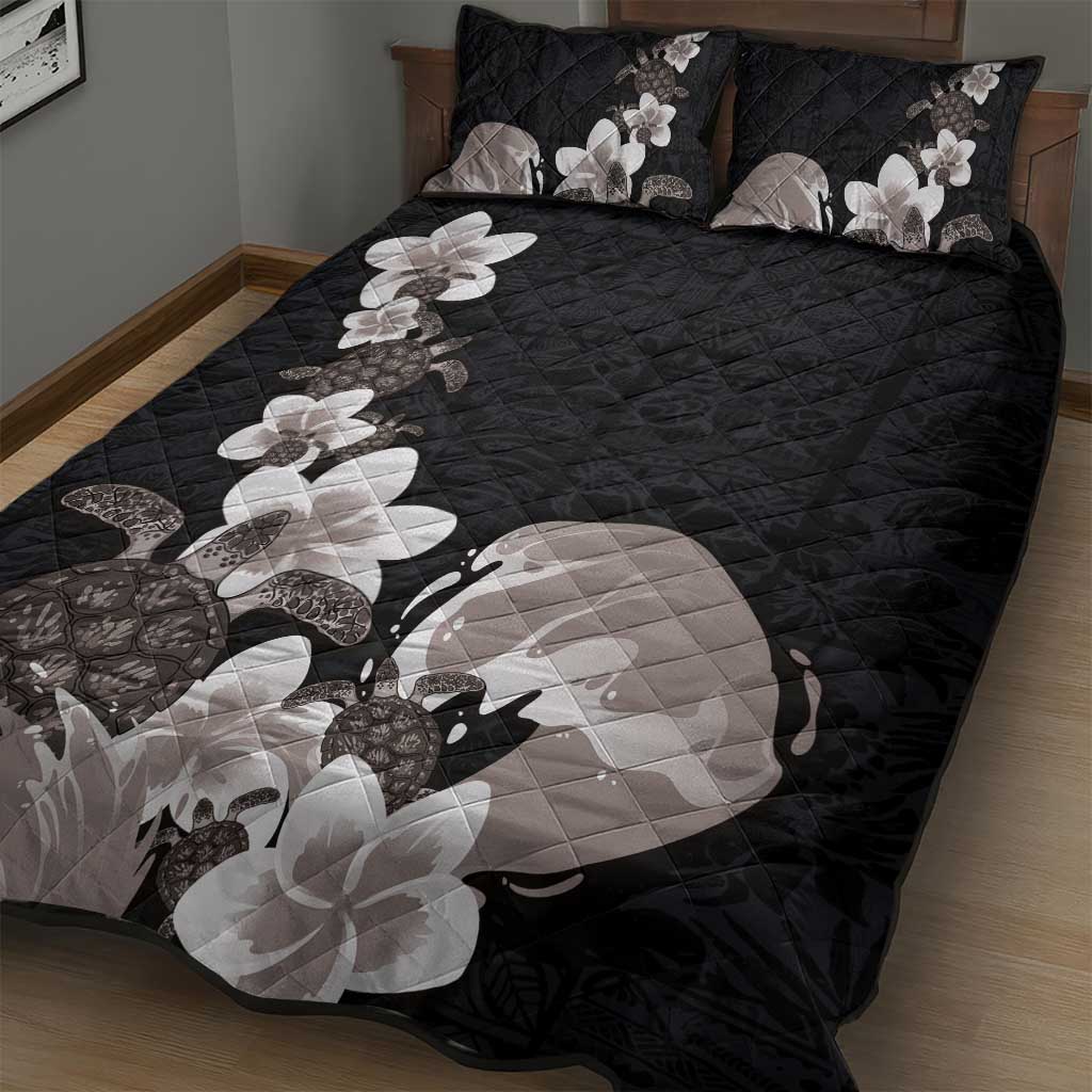 Hawaiian Plumeria and Turtle Quilt Bed Set with Polynesian Tribal Art Pattern Grayscale Color LT03 - Polynesian Pride
