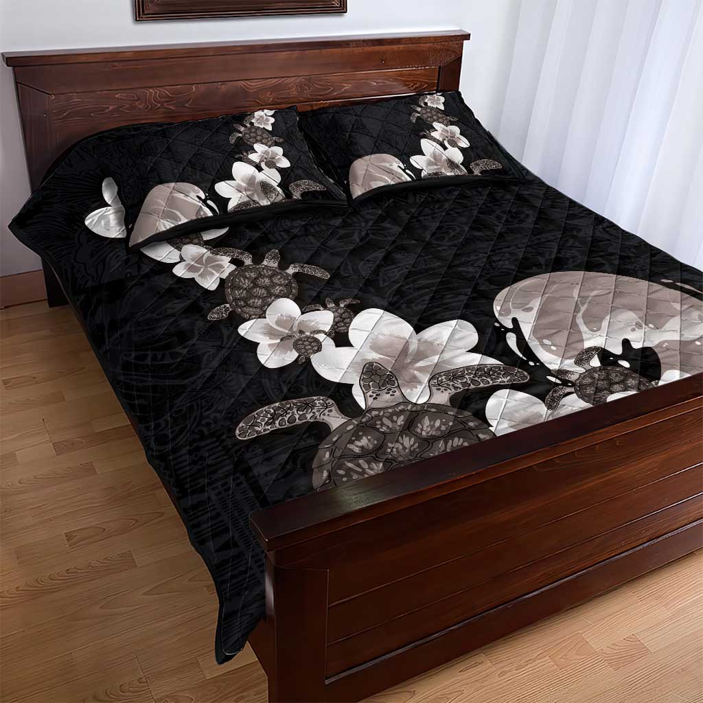 Hawaiian Plumeria and Turtle Quilt Bed Set with Polynesian Tribal Art Pattern Grayscale Color LT03 - Polynesian Pride