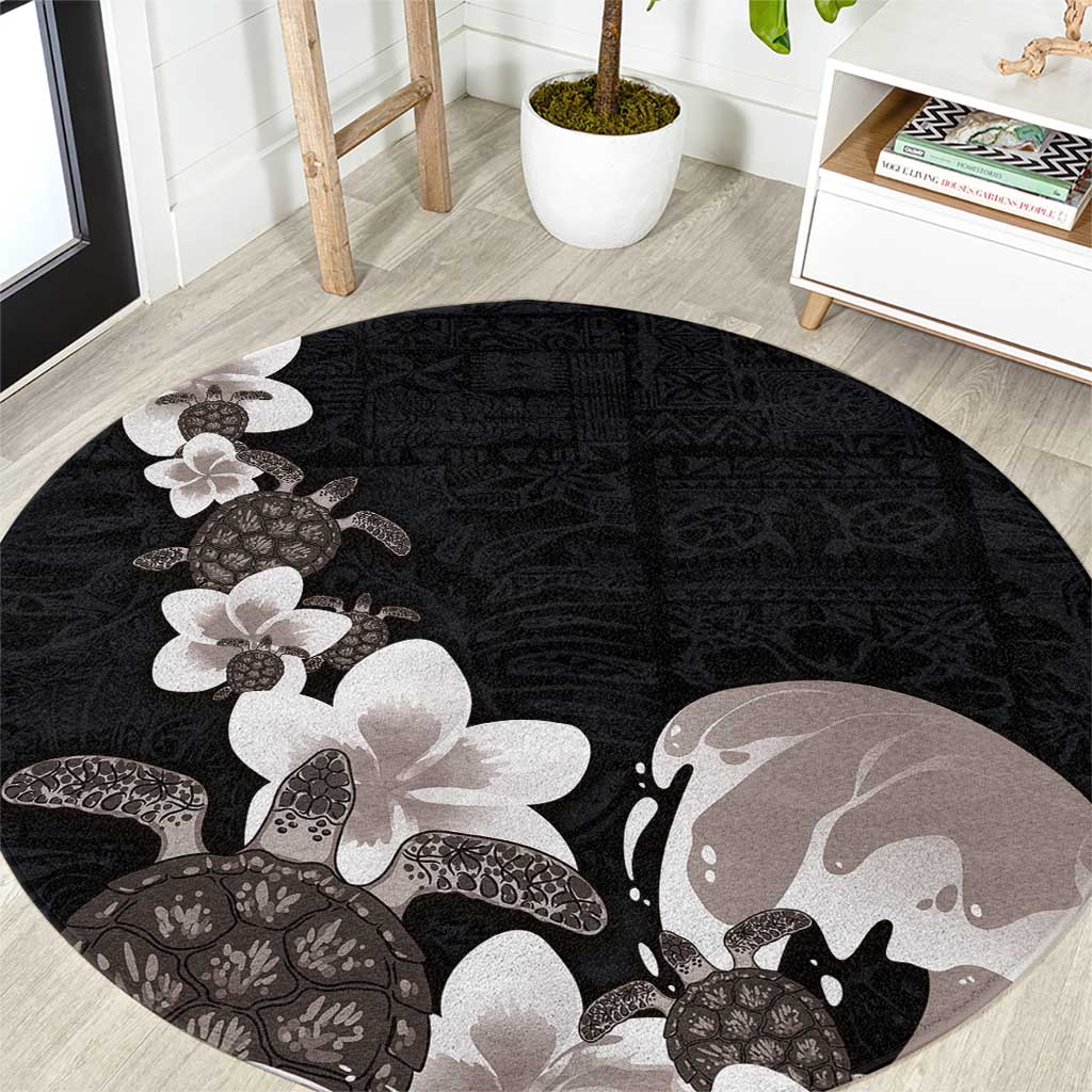 Hawaiian Plumeria and Turtle Round Carpet with Polynesian Tribal Art Pattern Grayscale Color LT03 Black - Polynesian Pride