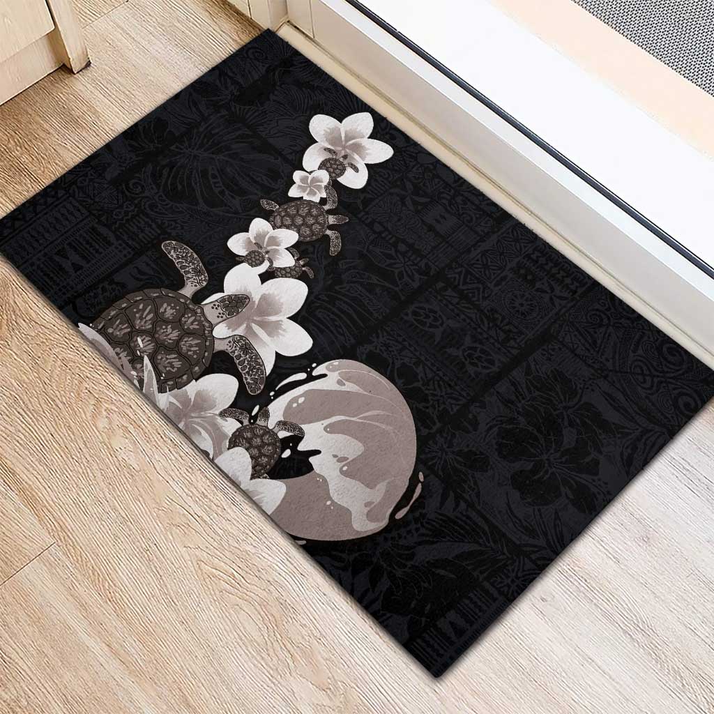 Hawaiian Plumeria and Turtle Rubber Doormat with Polynesian Tribal Art Pattern Grayscale Color LT03 - Polynesian Pride