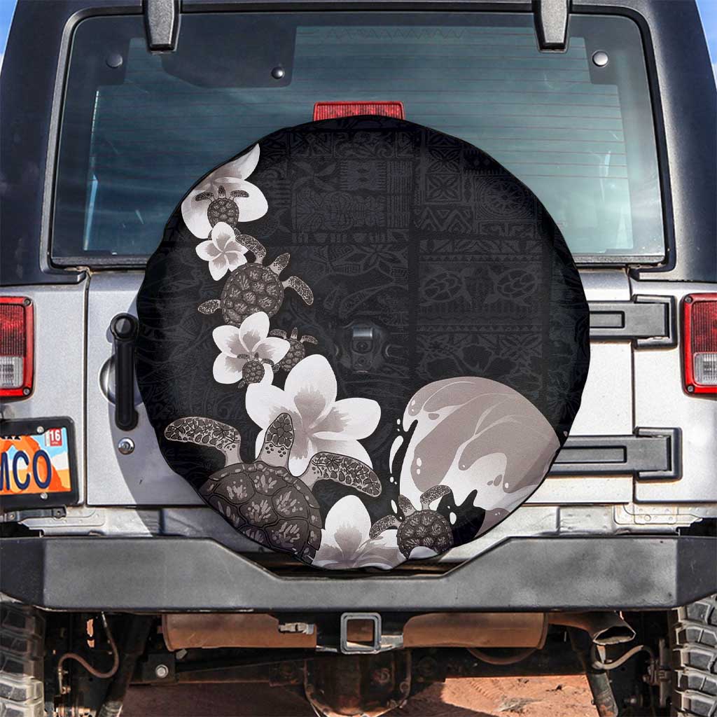 Hawaiian Plumeria and Turtle Spare Tire Cover with Polynesian Tribal Art Pattern Grayscale Color LT03 Black - Polynesian Pride