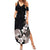 Hawaiian Plumeria and Turtle Summer Maxi Dress with Polynesian Tribal Art Pattern Grayscale Color