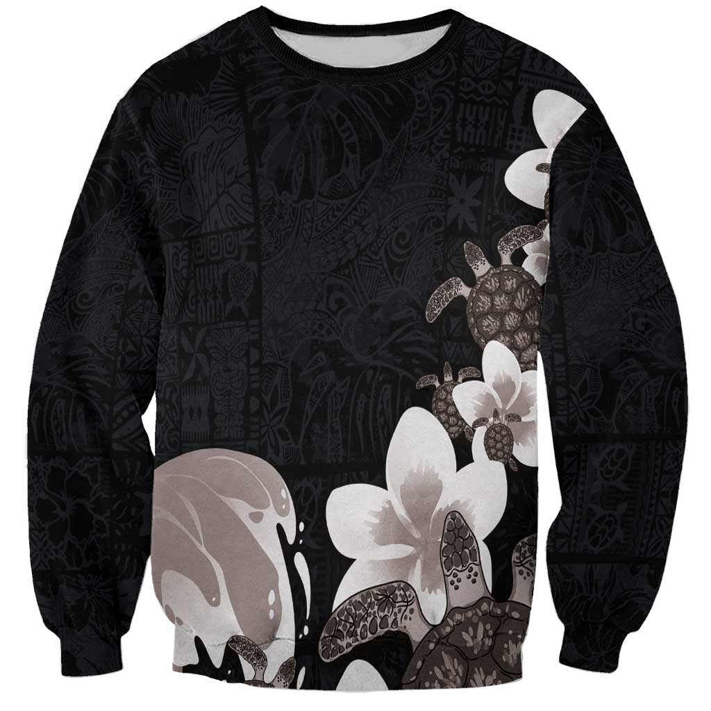 Hawaiian Plumeria and Turtle Sweatshirt with Polynesian Tribal Art Pattern Grayscale Color LT03 Unisex Black - Polynesian Pride