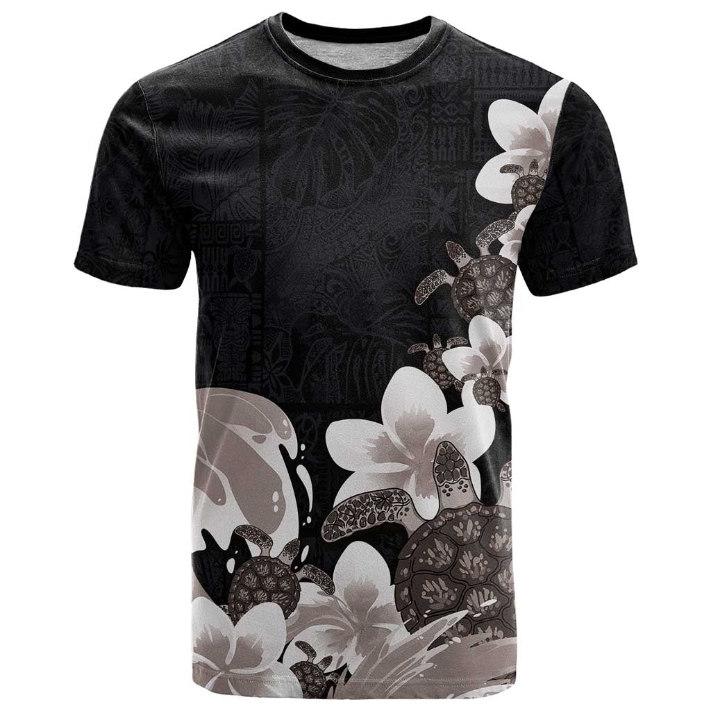 Hawaiian Plumeria and Turtle T Shirt with Polynesian Tribal Art Pattern Grayscale Color LT03 Black - Polynesian Pride