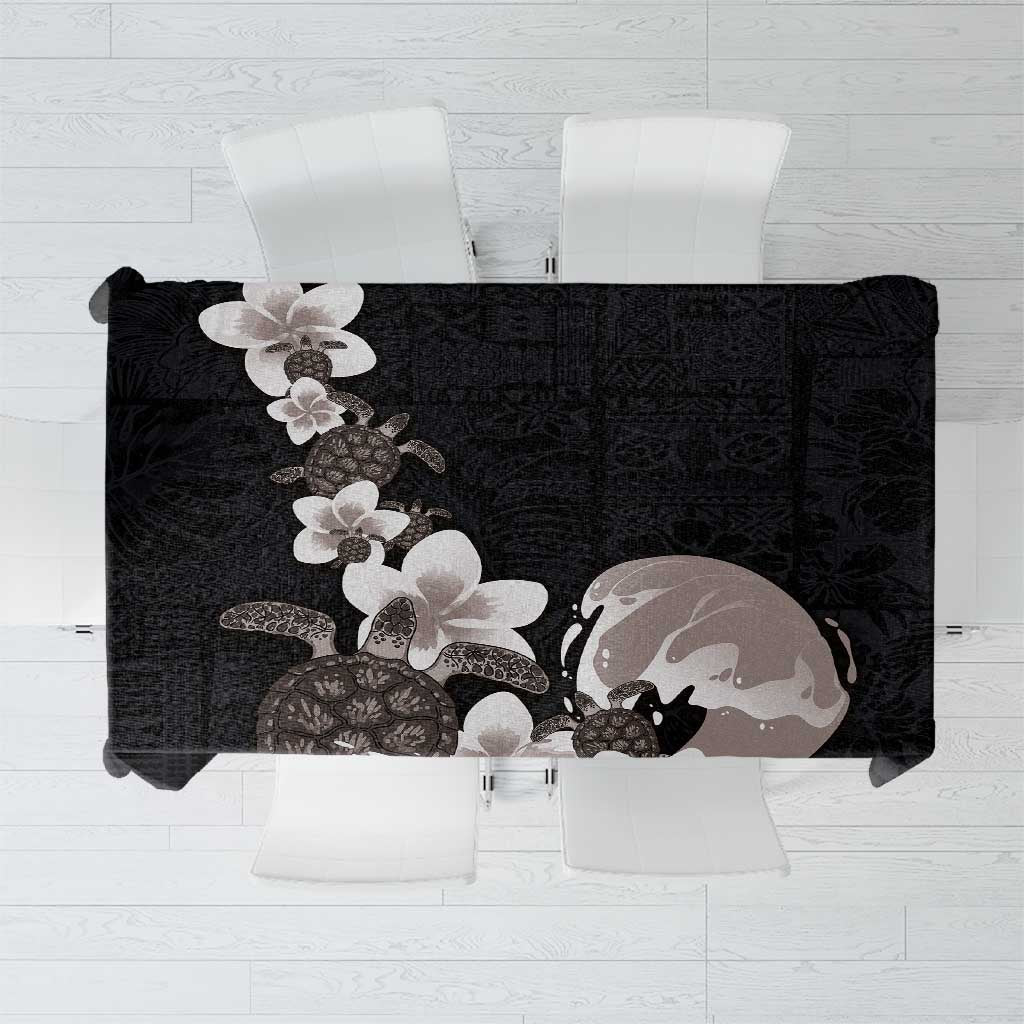 Hawaiian Plumeria and Turtle Tablecloth with Polynesian Tribal Art Pattern Grayscale Color