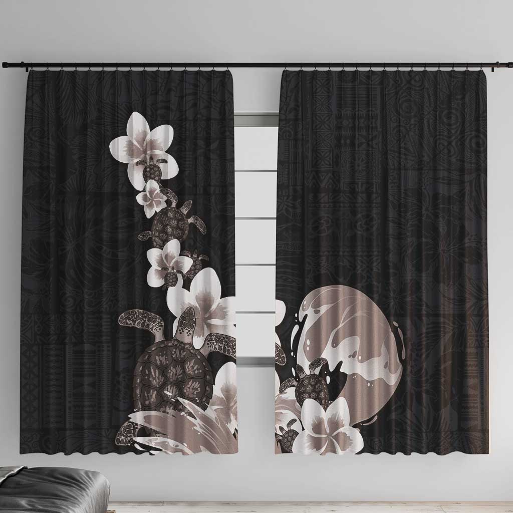 Hawaiian Plumeria and Turtle Window Curtain with Polynesian Tribal Art Pattern Grayscale Color LT03 With Hooks Black - Polynesian Pride
