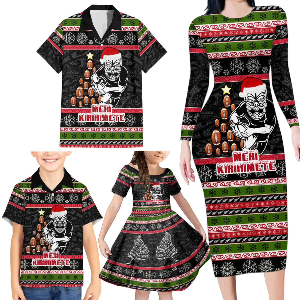 Personalized New Zealand Meri Kirihimete Family Matching Long Sleeve Bodycon Dress and Hawaiian Shirt Maori Warrior with Rugby Christmas Tree LT03 - Polynesian Pride