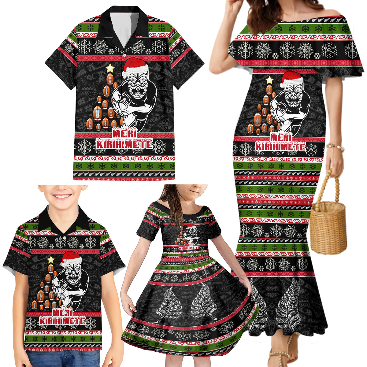 Personalized New Zealand Meri Kirihimete Family Matching Mermaid Dress and Hawaiian Shirt Maori Warrior with Rugby Christmas Tree LT03 - Polynesian Pride