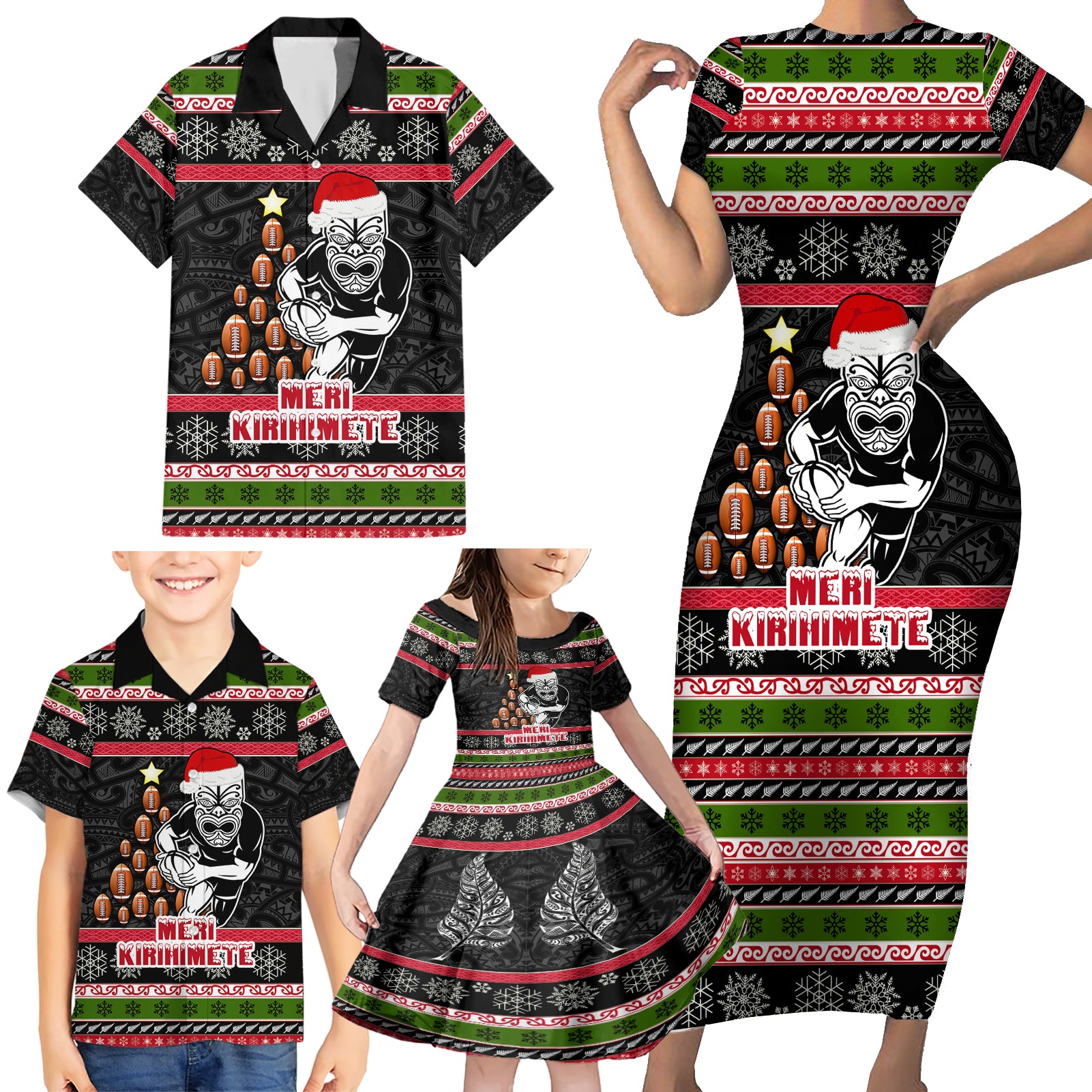 Personalized New Zealand Meri Kirihimete Family Matching Short Sleeve Bodycon Dress and Hawaiian Shirt Maori Warrior with Rugby Christmas Tree LT03 - Polynesian Pride