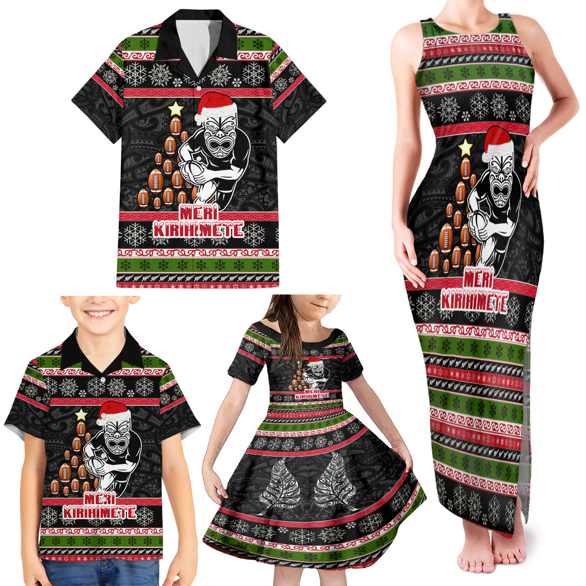 Personalized New Zealand Meri Kirihimete Family Matching Tank Maxi Dress and Hawaiian Shirt Maori Warrior with Rugby Christmas Tree LT03 - Polynesian Pride