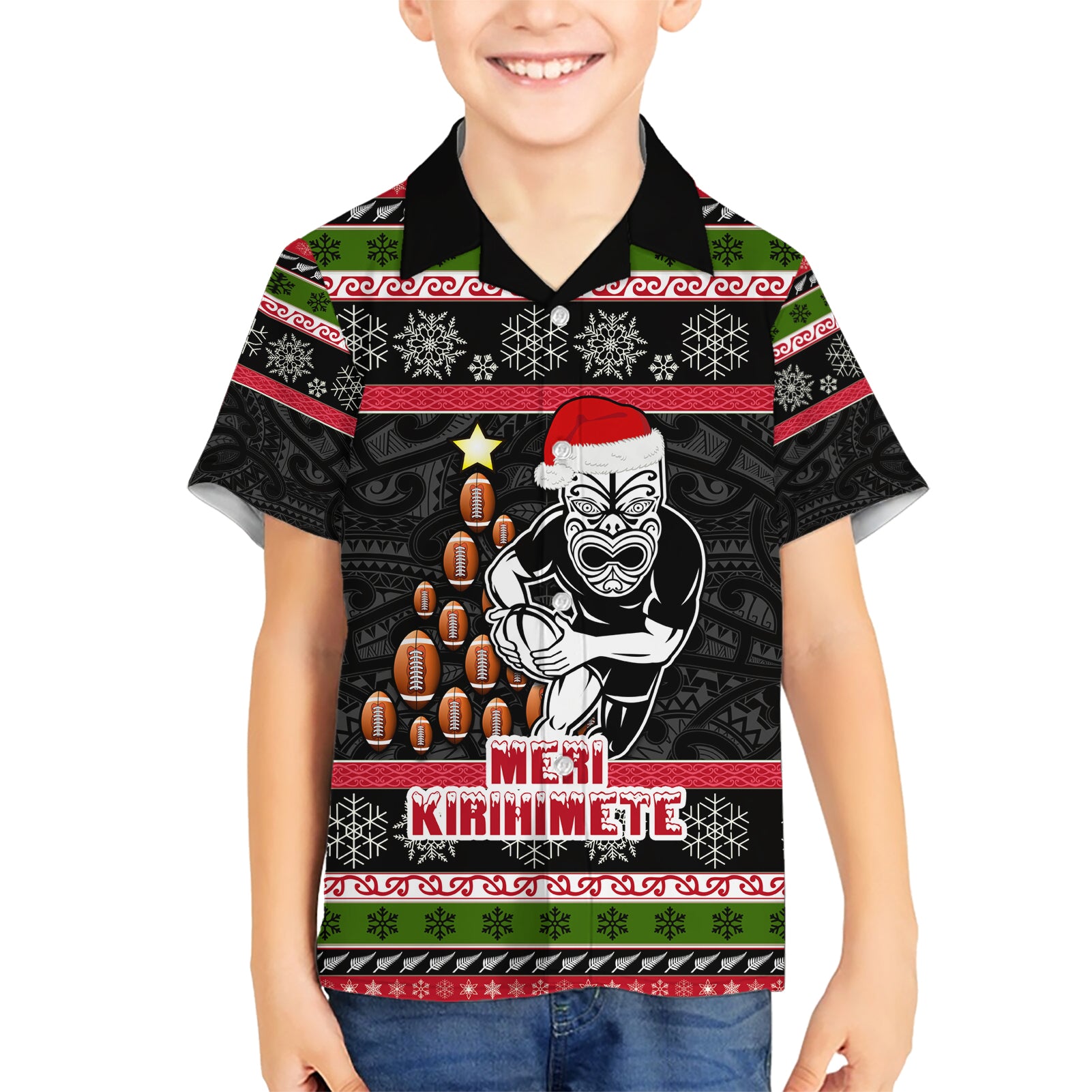 Personalized New Zealand Meri Kirihimete Kid Hawaiian Shirt Maori Warrior with Rugby Christmas Tree LT03 Kid Black - Polynesian Pride