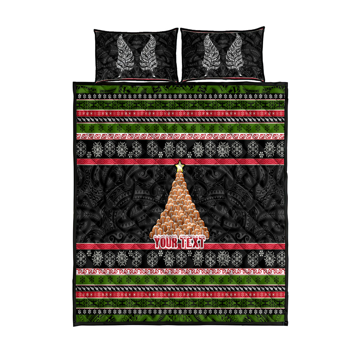 Personalized New Zealand Meri Kirihimete Quilt Bed Set Maori Warrior with Rugby Christmas Tree LT03 Black - Polynesian Pride