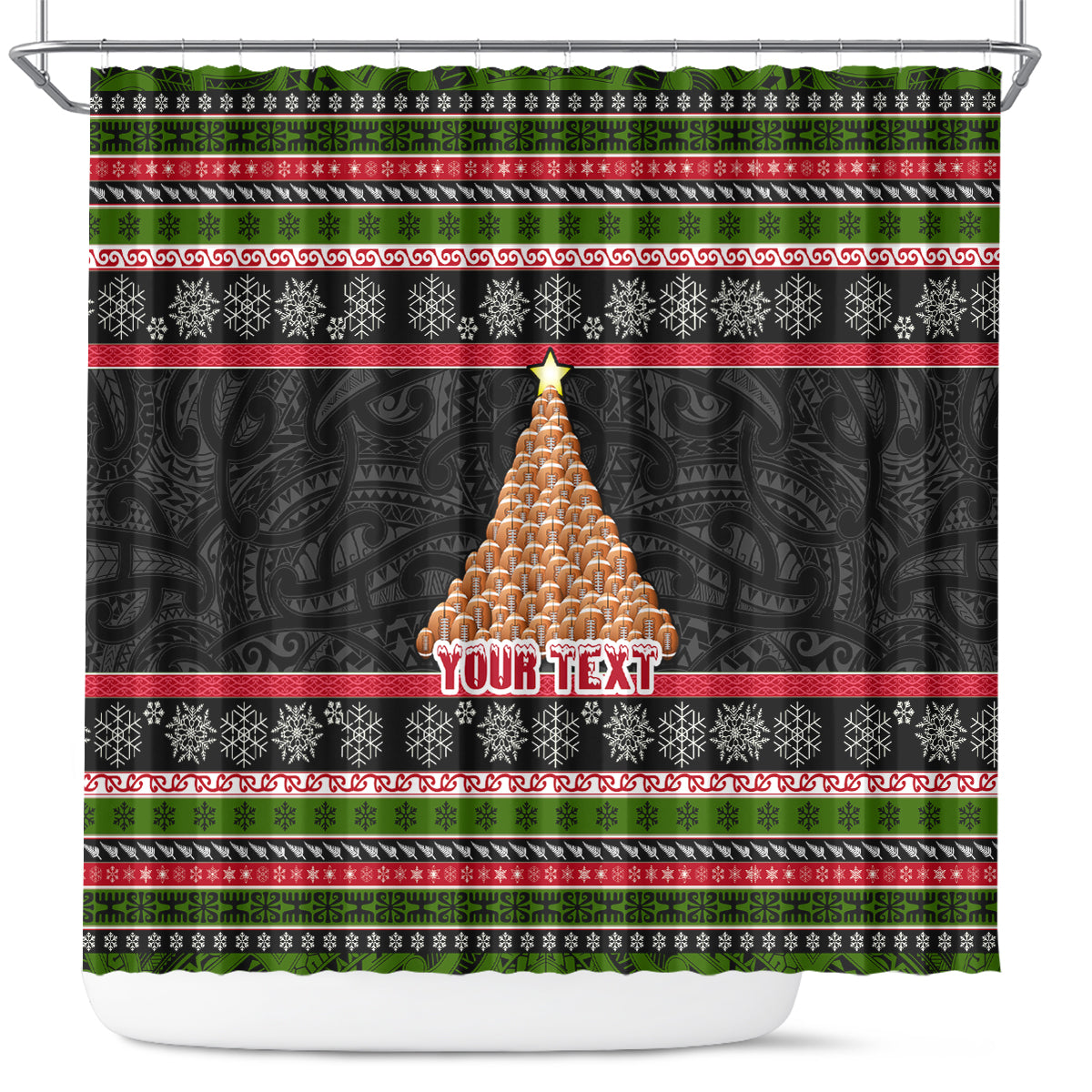 Personalized New Zealand Meri Kirihimete Shower Curtain Maori Warrior with Rugby Christmas Tree LT03 Black - Polynesian Pride