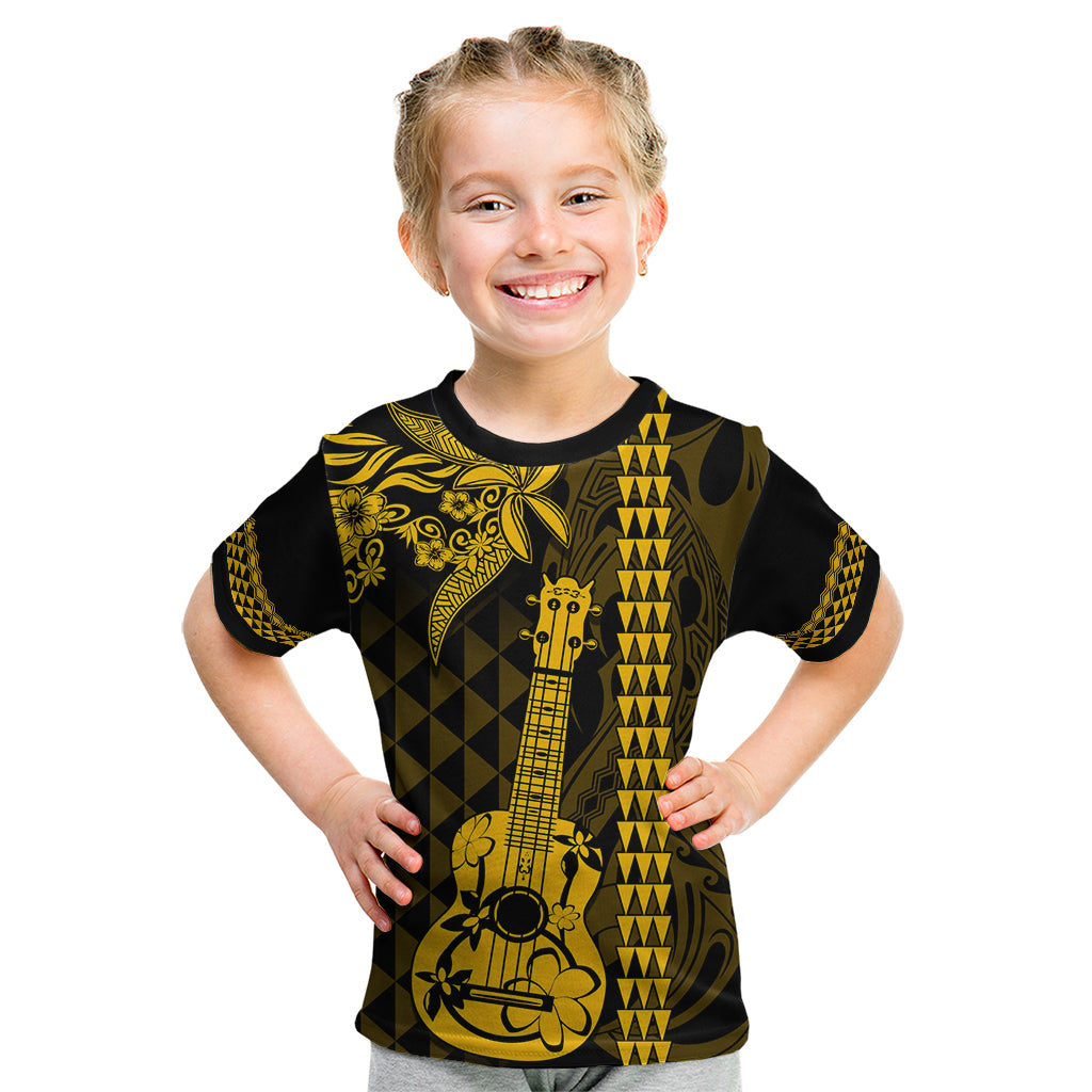 Custom Hawaii Kid T Shirt Ukelele and Hula Girl Mix Kakau Pattern LT03 Yellow - Polynesian Pride