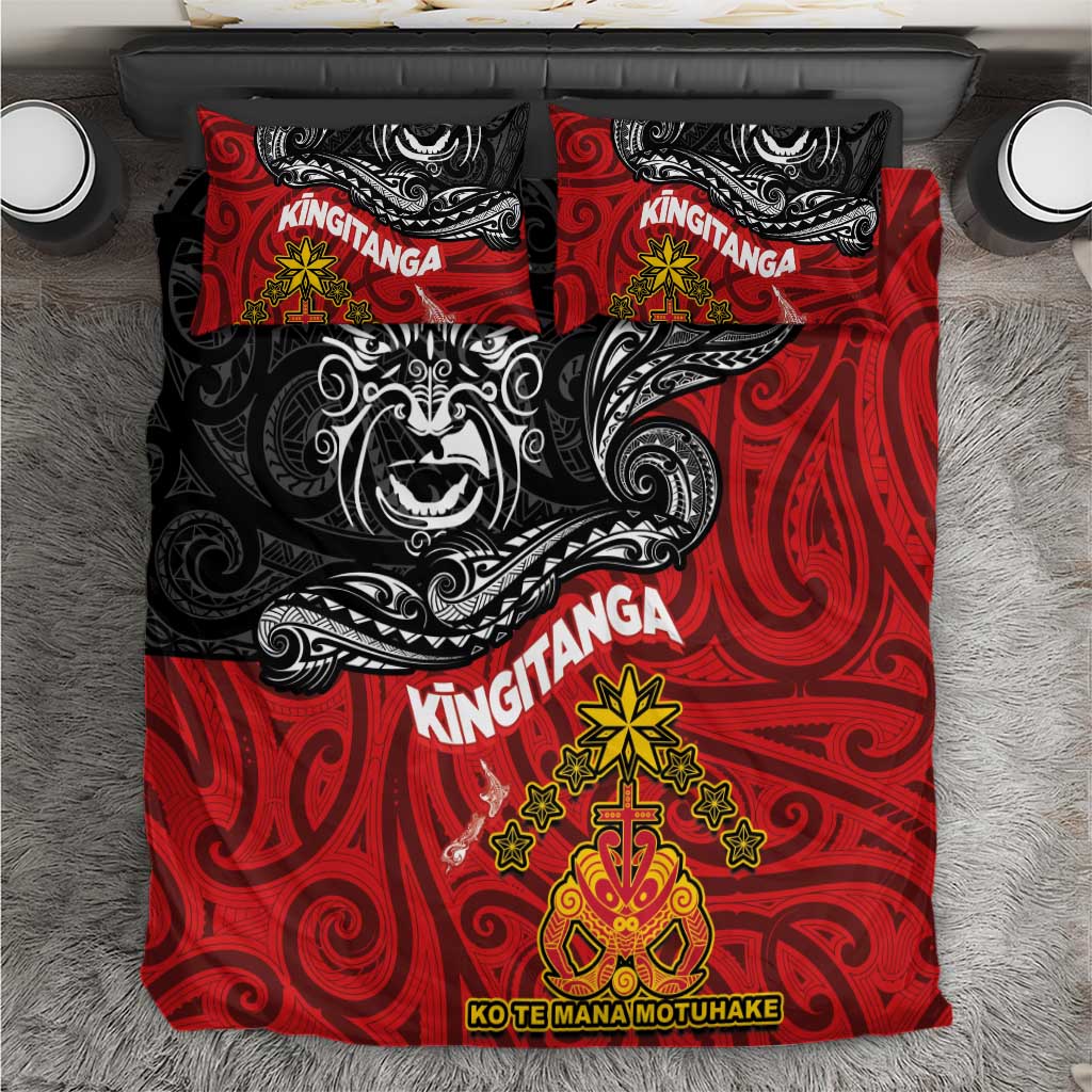 Maori King Movement Bedding Set Ko Te Mana Motuhake Emblem with Moko and Polynesian Art Tattoo LT03 Red - Polynesian Pride