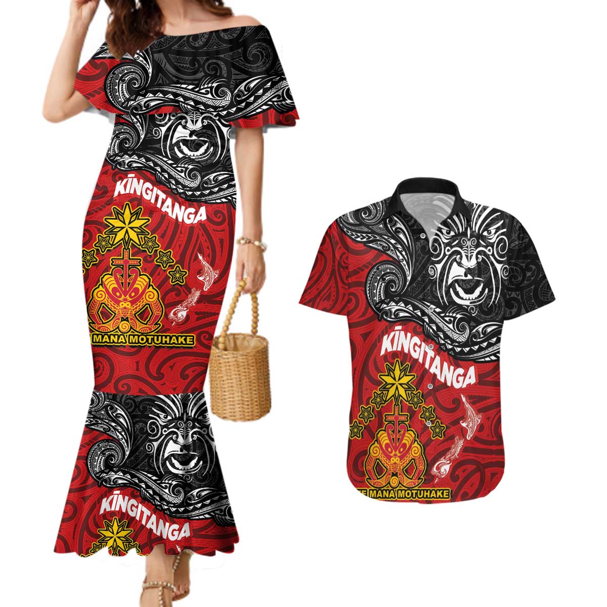 The Kingitanga - Maori King Movement Couples Matching Mermaid Dress and Hawaiian Shirt Ko Te Mana Motuhake Emblem with Moko and Polynesian Art Tattoo