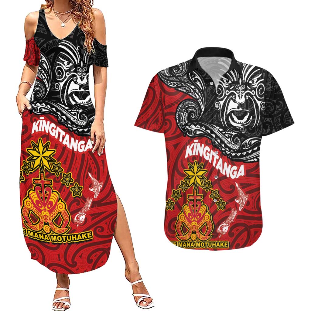 The Kingitanga - Maori King Movement Couples Matching Summer Maxi Dress and Hawaiian Shirt Ko Te Mana Motuhake Emblem with Moko and Polynesian Art Tattoo