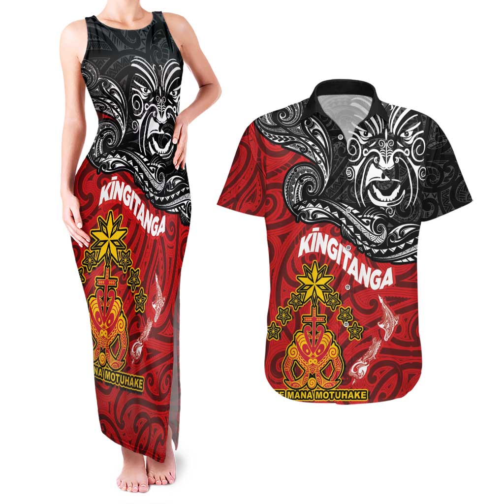 The Kingitanga - Maori King Movement Couples Matching Tank Maxi Dress and Hawaiian Shirt Ko Te Mana Motuhake Emblem with Moko and Polynesian Art Tattoo