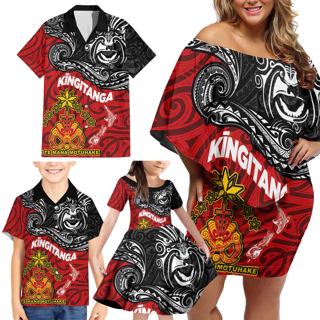 The Kingitanga - Maori King Movement Family Matching Off Shoulder Short Dress and Hawaiian Shirt Ko Te Mana Motuhake Emblem with Moko and Polynesian Art Tattoo