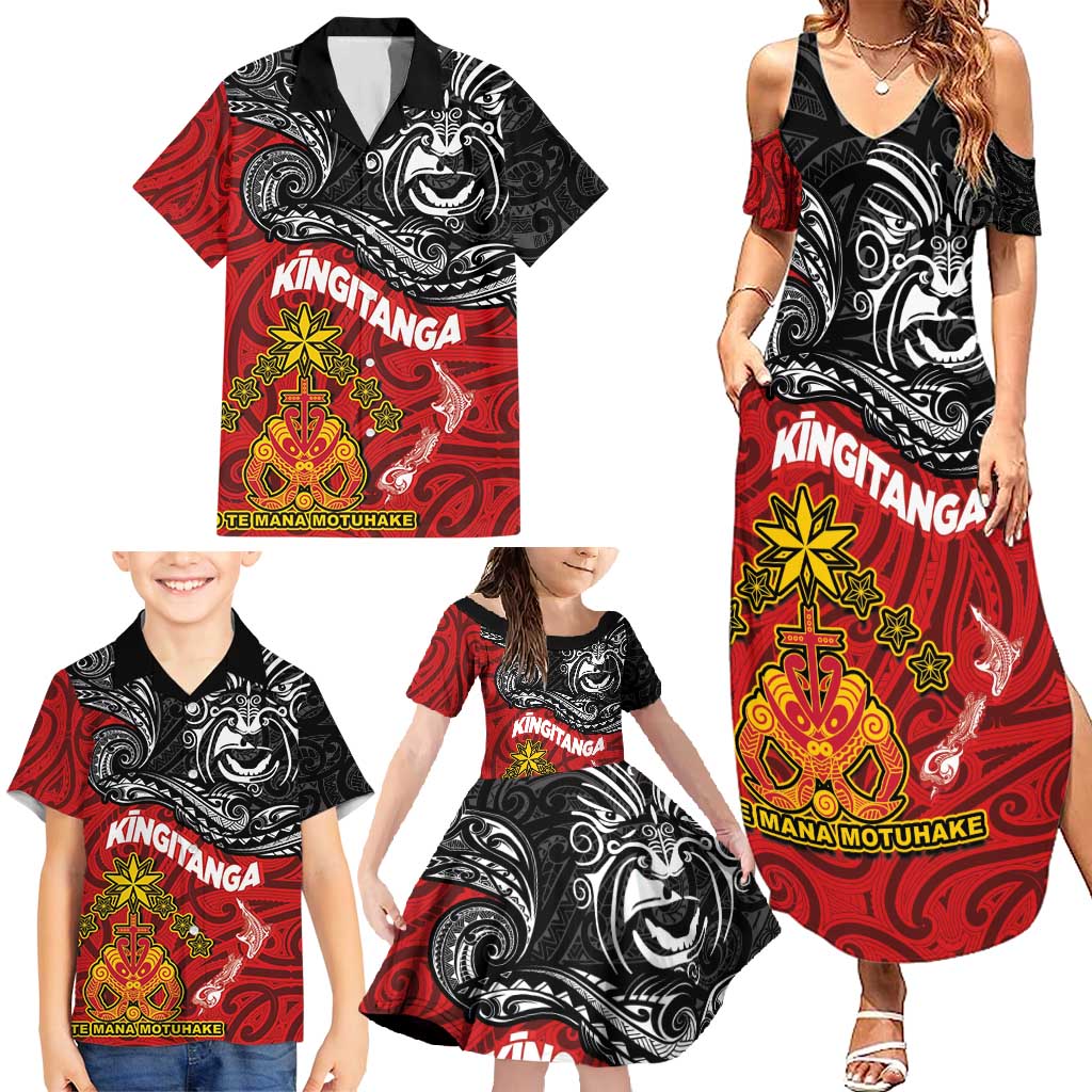 The Kingitanga - Maori King Movement Family Matching Summer Maxi Dress and Hawaiian Shirt Ko Te Mana Motuhake Emblem with Moko and Polynesian Art Tattoo