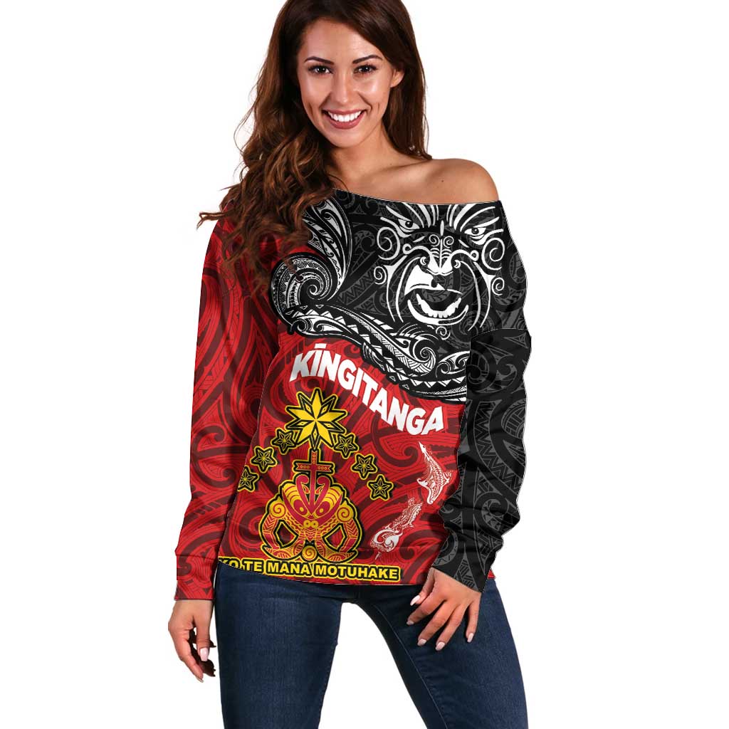 Maori King Movement Off Shoulder Sweater Ko Te Mana Motuhake Emblem with Moko and Polynesian Art Tattoo LT03 Women Red - Polynesian Pride
