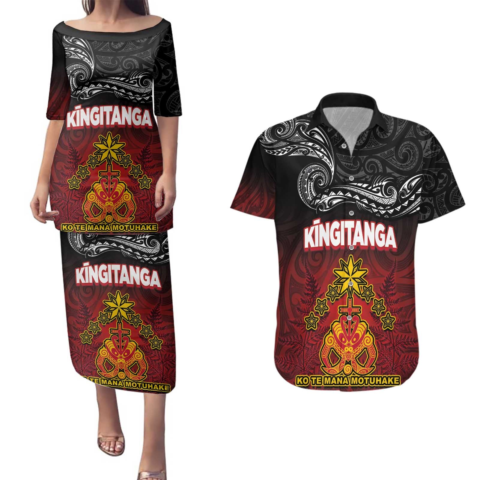 Personalised The Kingitanga - Maori King Movement Couples Matching Puletasi and Hawaiian Shirt Ko Te Mana Motuhake Emblem with Silver Ferns and Polynesian Art Tattoo