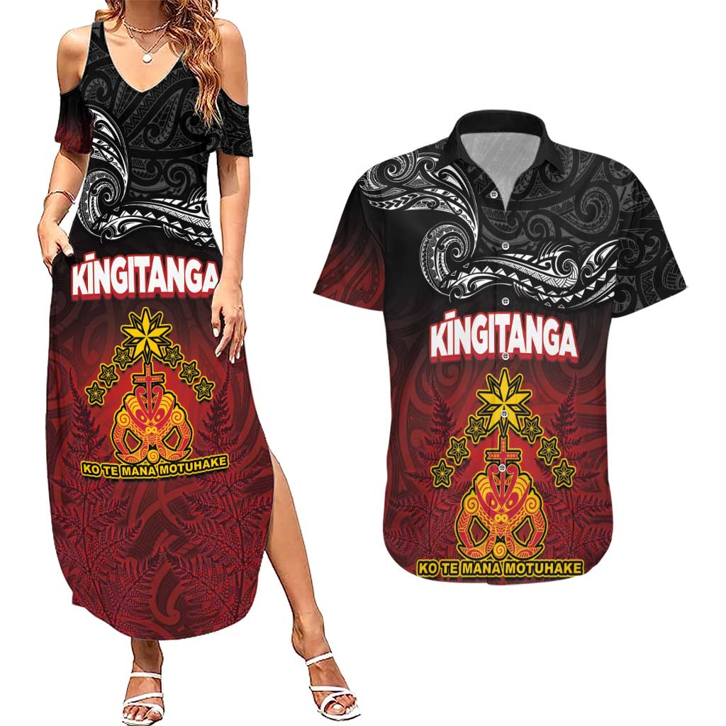 Personalised The Kingitanga - Maori King Movement Couples Matching Summer Maxi Dress and Hawaiian Shirt Ko Te Mana Motuhake Emblem with Silver Ferns and Polynesian Art Tattoo