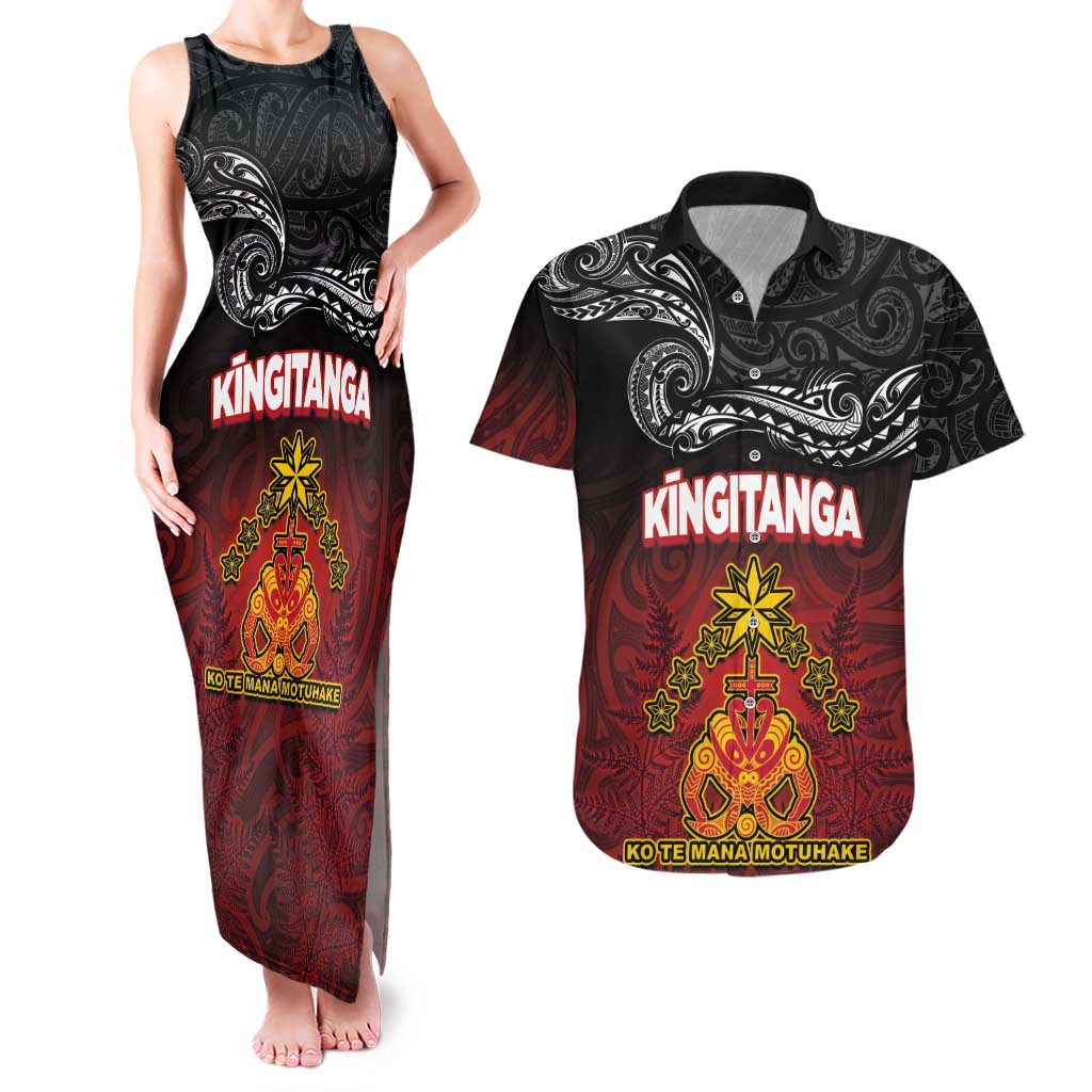 Personalised The Kingitanga - Maori King Movement Couples Matching Tank Maxi Dress and Hawaiian Shirt Ko Te Mana Motuhake Emblem with Silver Ferns and Polynesian Art Tattoo