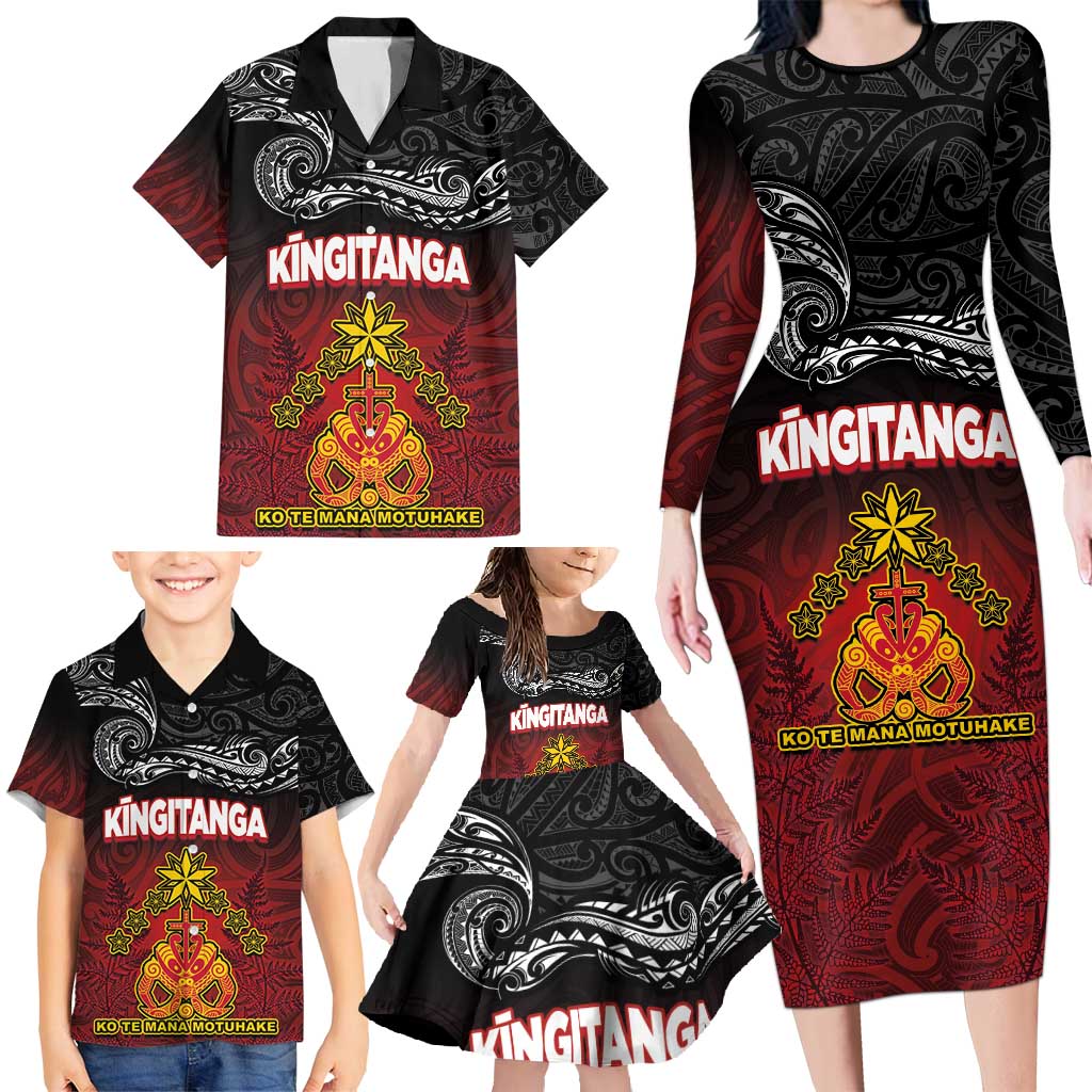 Personalised The Kingitanga - Maori King Movement Family Matching Long Sleeve Bodycon Dress and Hawaiian Shirt Ko Te Mana Motuhake Emblem with Silver Ferns and Polynesian Art Tattoo