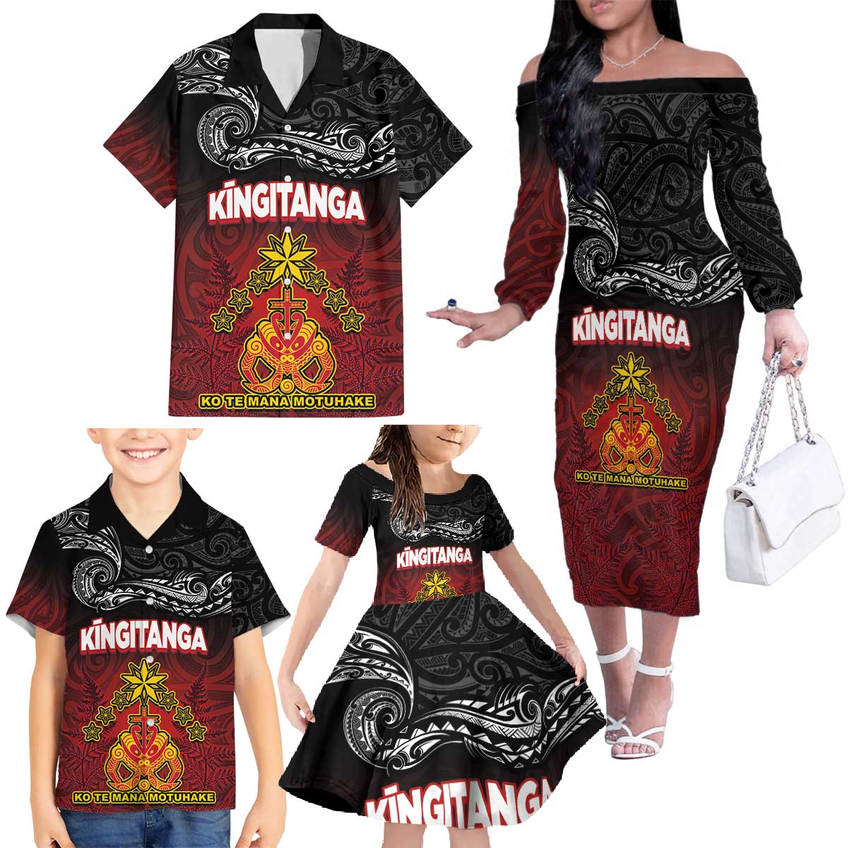 Personalised The Kingitanga - Maori King Movement Family Matching Off The Shoulder Long Sleeve Dress and Hawaiian Shirt Ko Te Mana Motuhake Emblem with Silver Ferns and Polynesian Art Tattoo