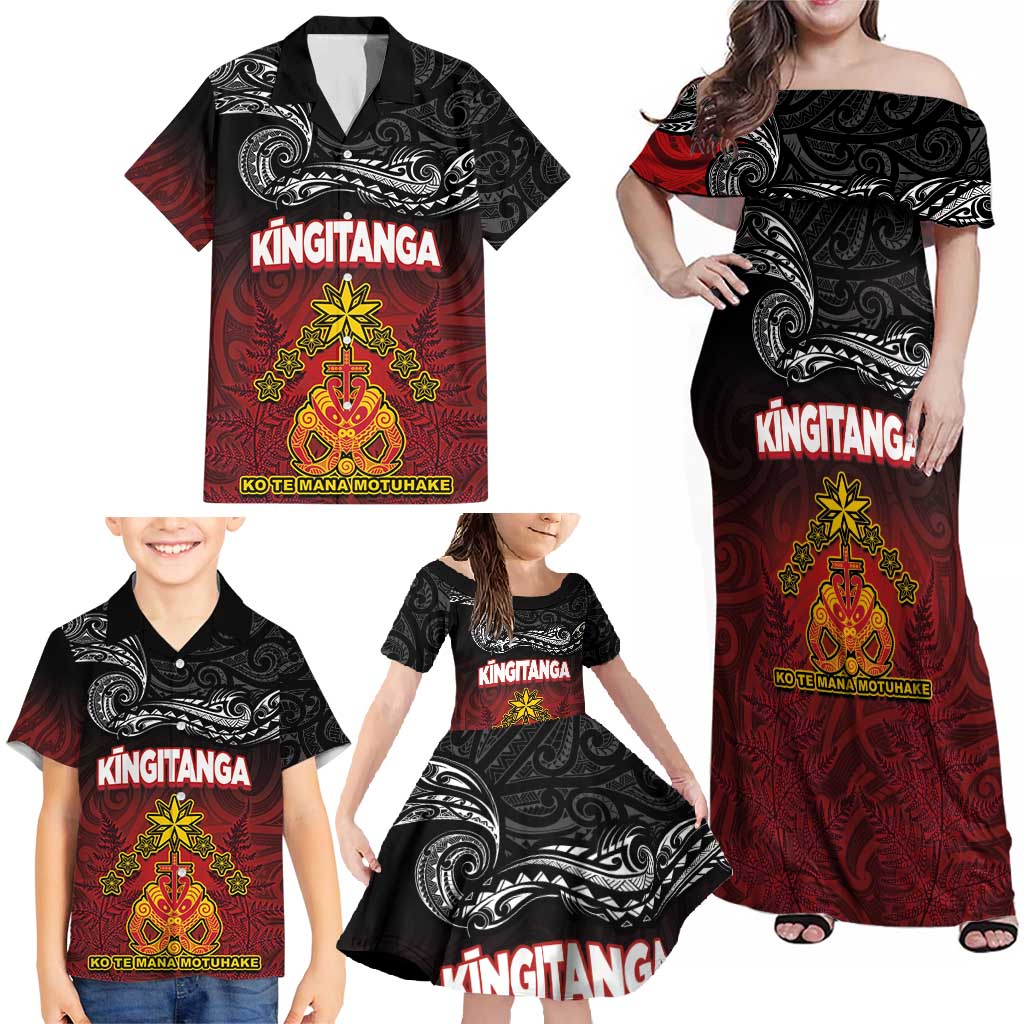 Personalised The Kingitanga - Maori King Movement Family Matching Off Shoulder Maxi Dress and Hawaiian Shirt Ko Te Mana Motuhake Emblem with Silver Ferns and Polynesian Art Tattoo