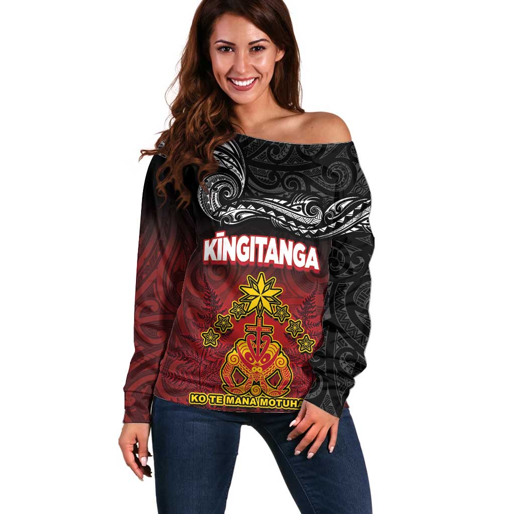 Personalised Maori King Movement Off Shoulder Sweater Ko Te Mana Motuhake Emblem with Silver Ferns and Polynesian Art Tattoo LT03 Women Red - Polynesian Pride