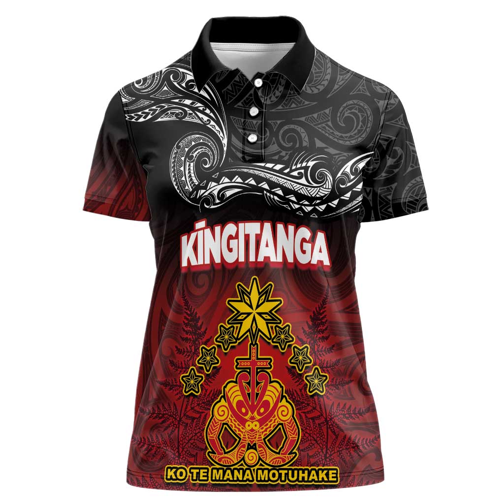 Personalised The Kingitanga - Maori King Movement Women Polo Shirt Ko Te Mana Motuhake Emblem with Silver Ferns and Polynesian Art Tattoo