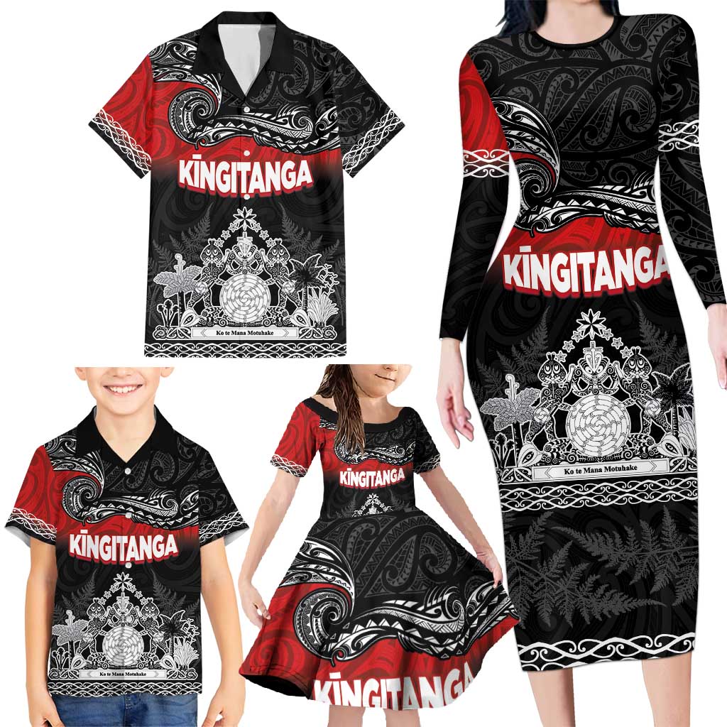 Personalised The Kingitanga - Maori King Movement Family Matching Long Sleeve Bodycon Dress and Hawaiian Shirt Te Paki-o-Matariki with Silver Ferns and Polynesian Art Tattoo