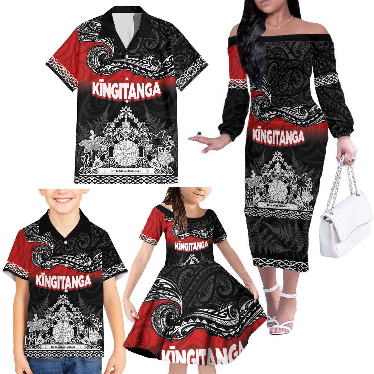 Personalised The Kingitanga - Maori King Movement Family Matching Off The Shoulder Long Sleeve Dress and Hawaiian Shirt Te Paki-o-Matariki with Silver Ferns and Polynesian Art Tattoo