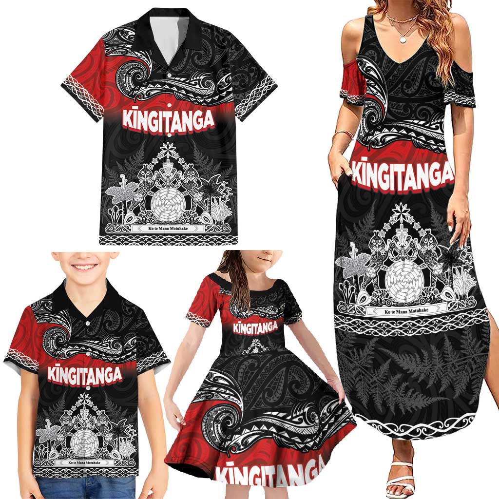 Personalised The Kingitanga - Maori King Movement Family Matching Summer Maxi Dress and Hawaiian Shirt Te Paki-o-Matariki with Silver Ferns and Polynesian Art Tattoo