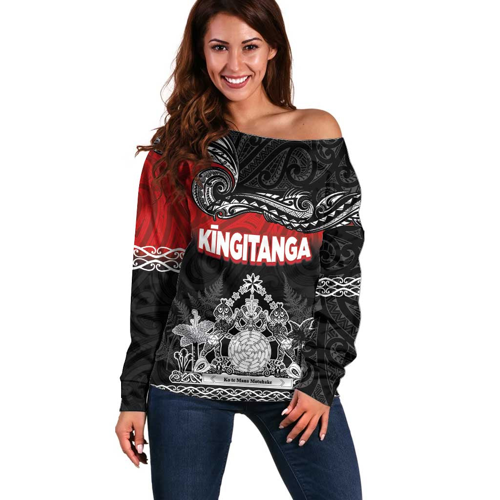 Personalised Maori King Movement Off Shoulder Sweater Te Paki-o-Matariki with Silver Ferns and Polynesian Art Tattoo LT03 Women Red - Polynesian Pride