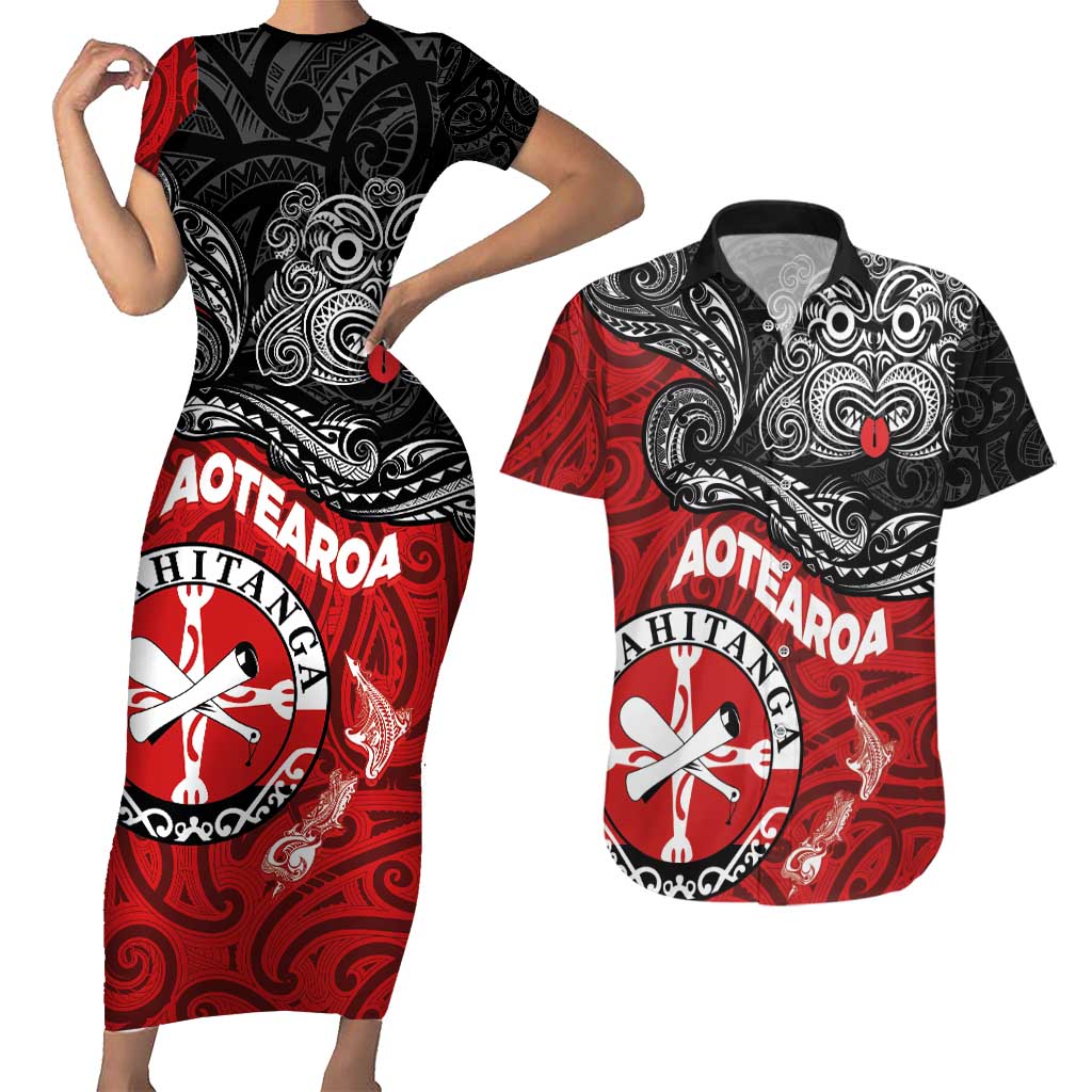 Maori Kotahitanga Couples Matching Short Sleeve Bodycon Dress and Hawaiian Shirt Aotearoa Spirit with Maori Mask and Polynesian Art Tattoo