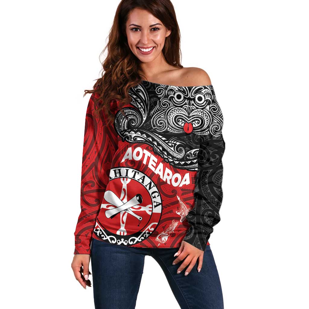 Maori Kotahitanga Off Shoulder Sweater Aotearoa Spirit with Maori Mask and Polynesian Art Tattoo LT03 Women Red - Polynesian Pride