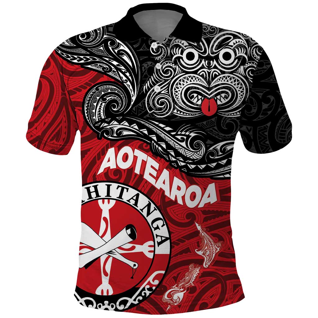 Maori Kotahitanga Polo Shirt Aotearoa Spirit with Maori Mask and Polynesian Art Tattoo