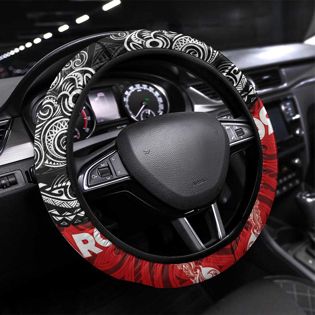 Maori Kotahitanga Steering Wheel Cover Aotearoa Spirit with Maori Mask and Polynesian Art Tattoo