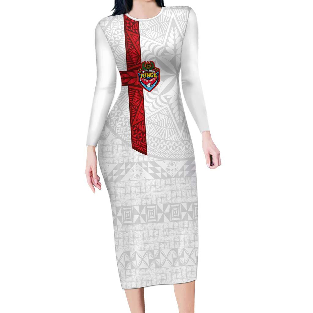 Custom Tonga Ngatu Art Rugby Mate Ma'a Long Sleeve Bodycon Dress LT03 Long Dress White - Polynesian Pride