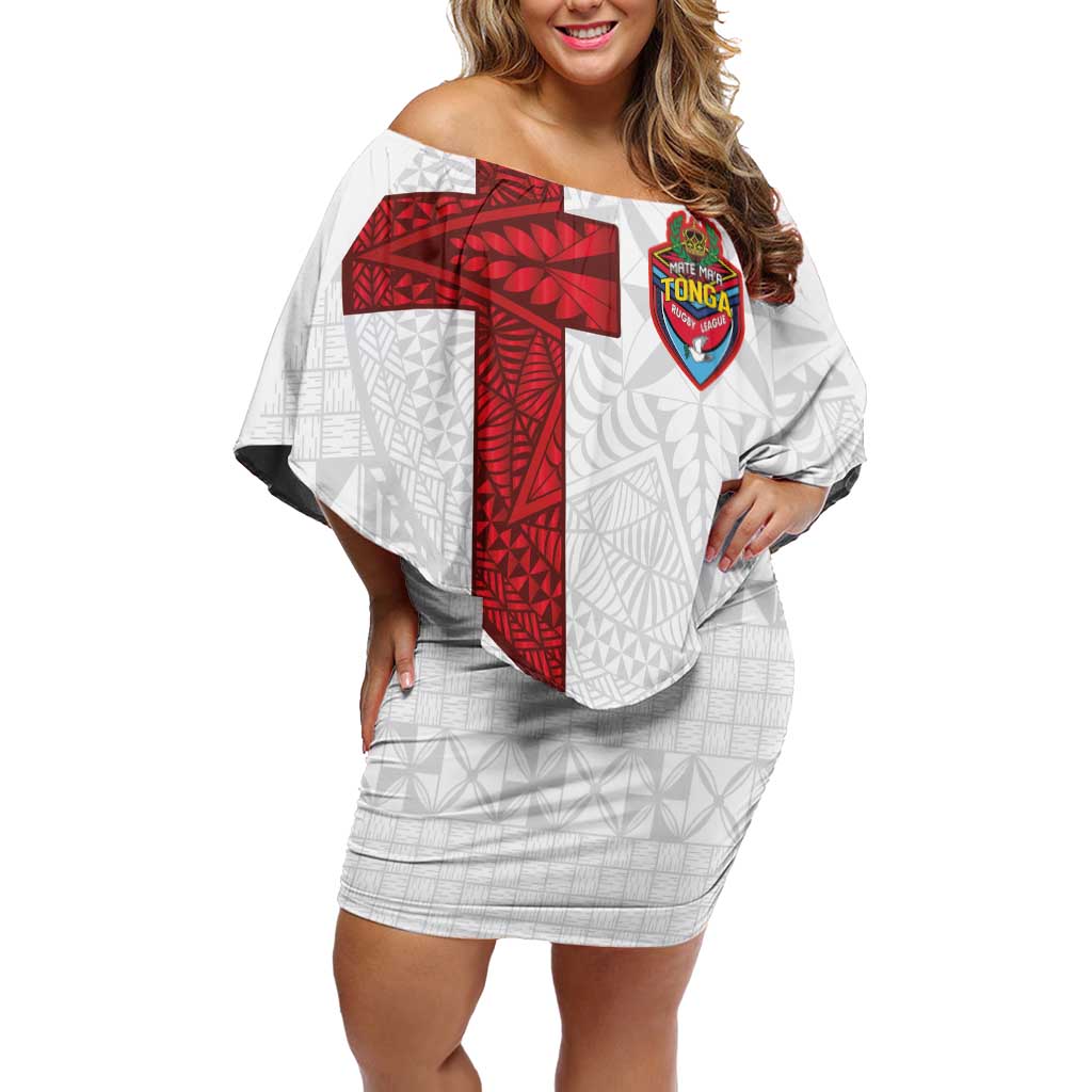 Custom Tonga Ngatu Art Rugby Mate Ma'a Off Shoulder Short Dress LT03 Women White - Polynesian Pride